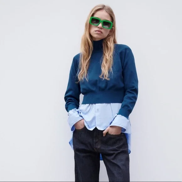 Zara Sweaters Zara Blue Mock Neck Shoulder Pad Knit Sweater